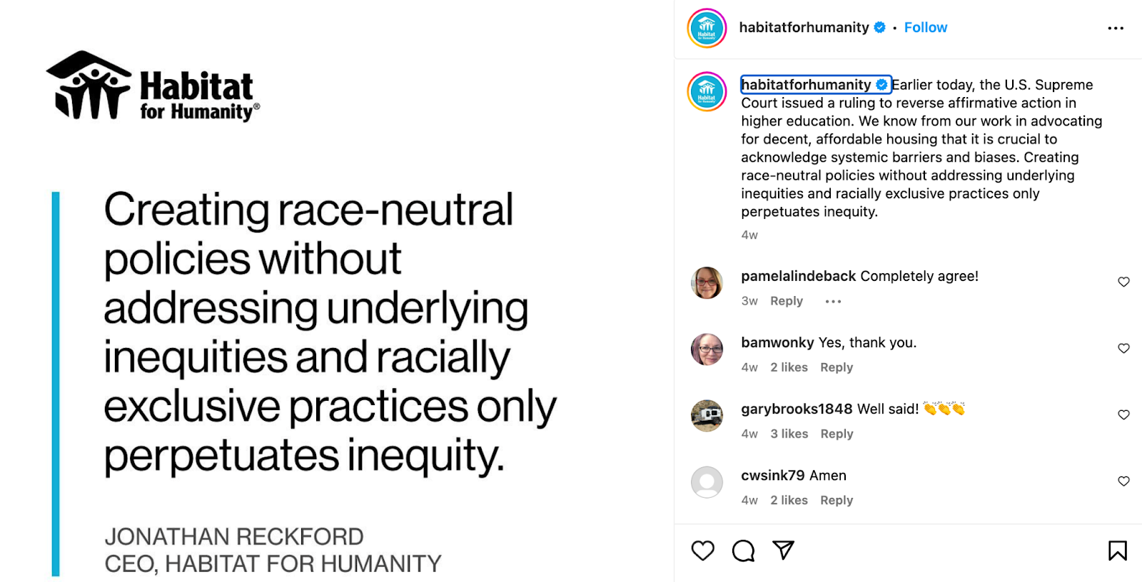 Habitat for Humanity insta post regarding race-neutral policies