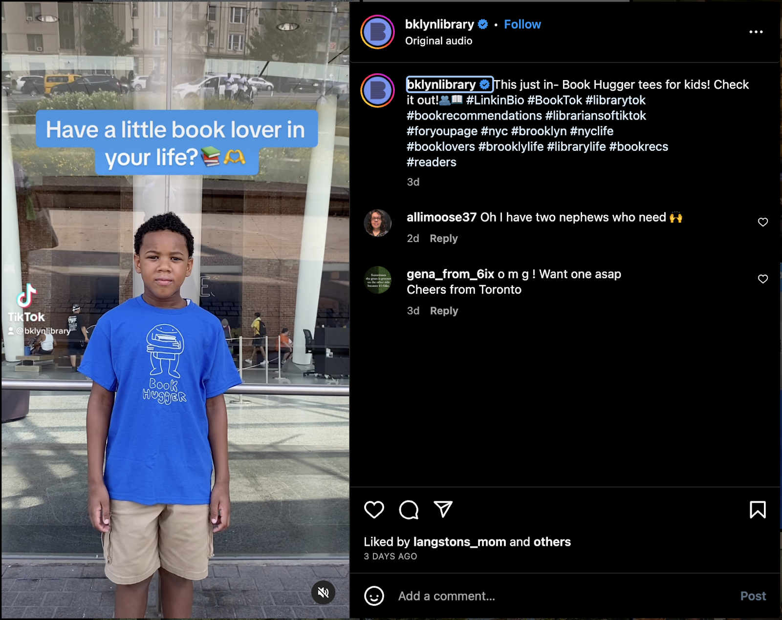 Brooklyn Public Library insta post featuring a kid wearing the Book Hugger tee