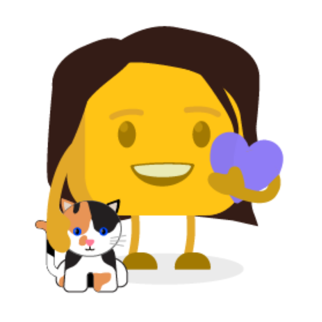 Vanessa's buttermoji with her cat holding a purple heart